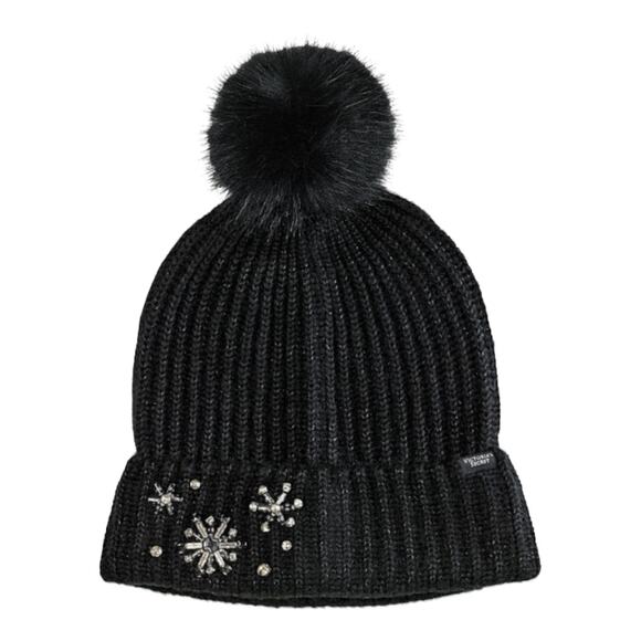 Victoria’s Secret Women's Sparkle Pom Pom Black Snowflake Beaded Hat NWT - Picture 2 of 5